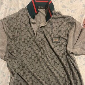 Gucci Gray Polo Shirt with Monogram Pattern and Red Trim